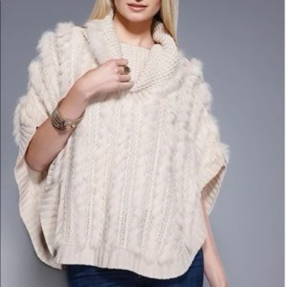 Joseph Ribkoff Cream Faux Fur Turtleneck Poncho Sweater